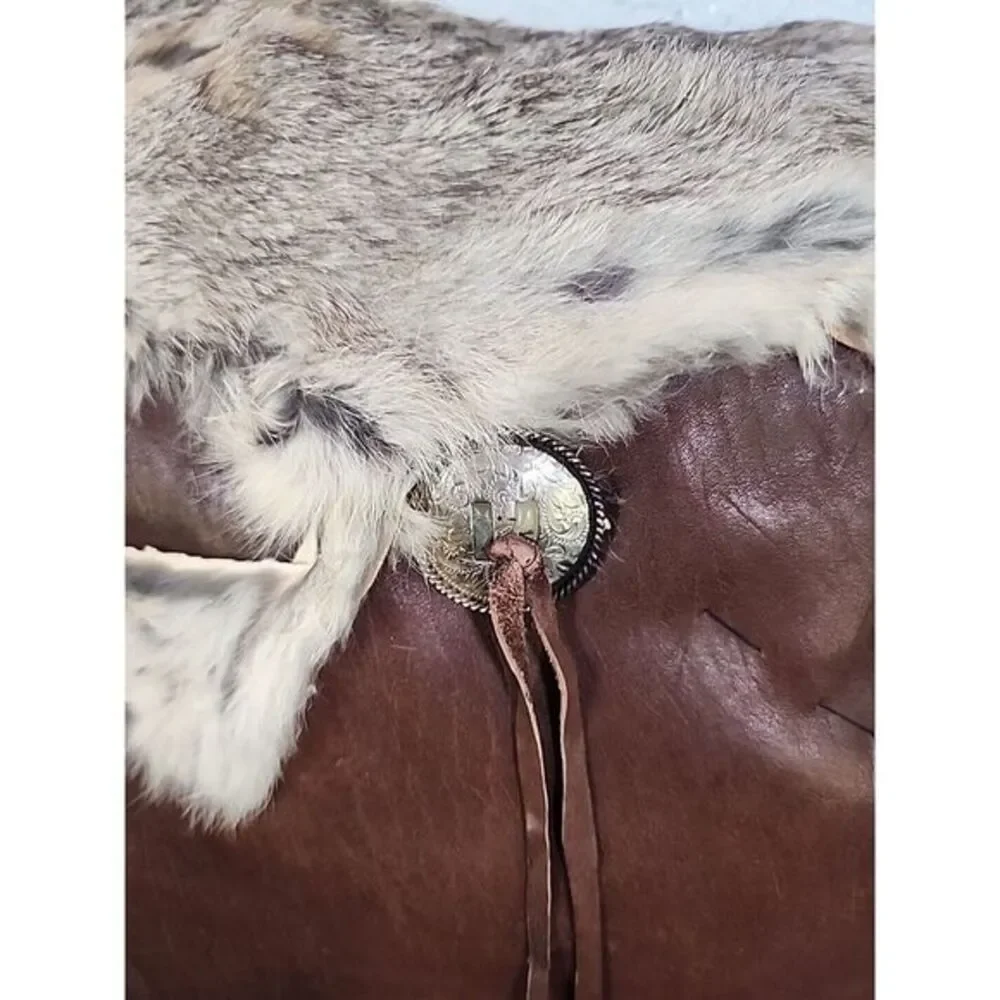 Buckskin (Genuine) Leather With Rabbit Fu Handmade One Of A Kind‎  Cognac, 16x16